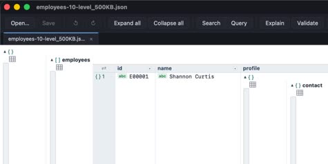 JSON Analyzer with a 500 KB employees file open: the employees array rendered as a table with id, name and profile columns, above a toolbar of Open, Save, Expand all, Search, Query, Explain and Validate