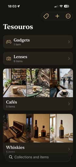 Tesouros home screen listing collections — Gadgets, Lenses, Cafés and Whiskies — with photo previews
